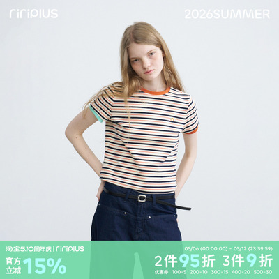 riverstone plus彩条纹圆领撞色短袖T恤女修身显瘦百搭正肩打底衫
