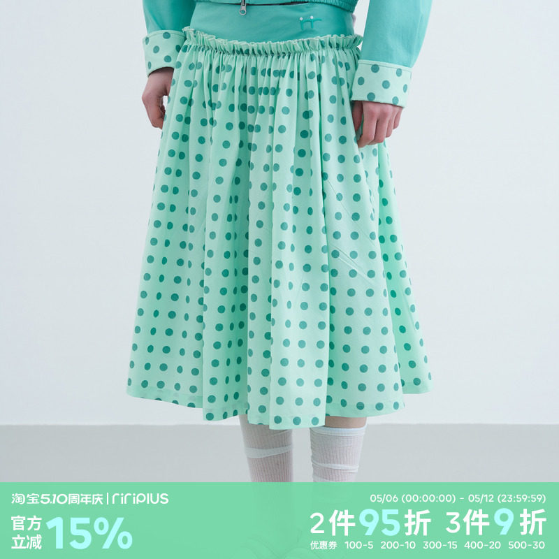 riverstone plus 假两件花边褶皱波点蓬蓬中长裙女甜美半身A字裙