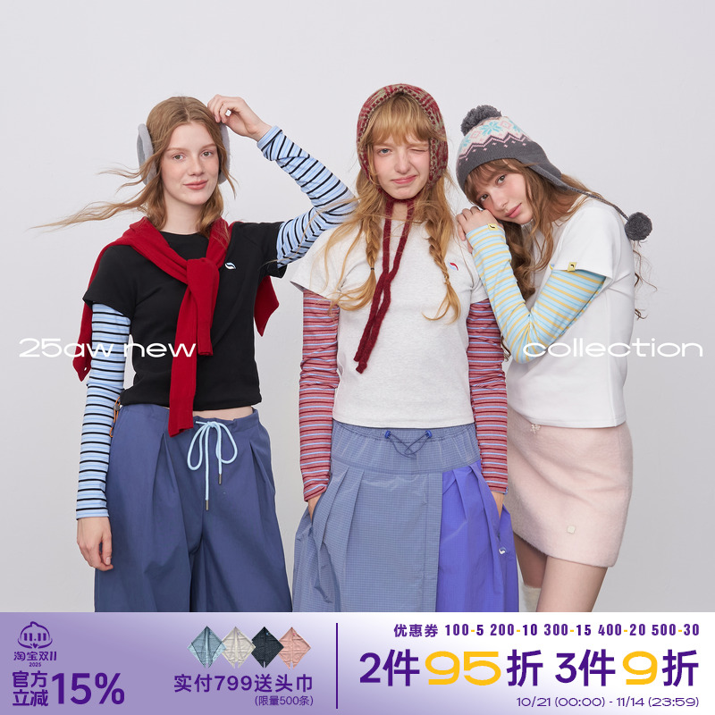 riverstone plus假两件圆领德绒长袖T恤女冬季修身撞色条纹打底衫