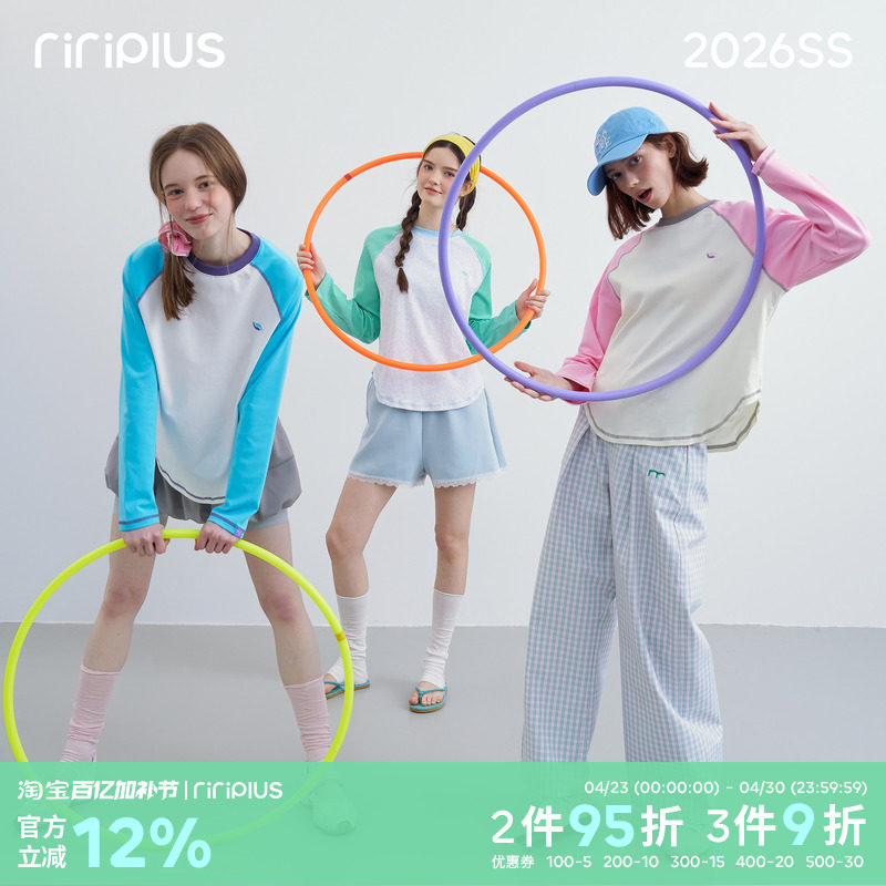 riverstone plus 圆领拼接休闲长袖T恤女刺绣撞色插肩明线打底衫