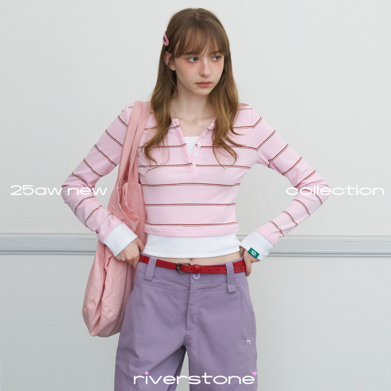 riverstone plus 假两件条纹百搭长袖T恤春季修身正肩V显瘦上衣女