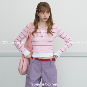 riverstone plus 假两件条纹百搭长袖T恤春季修身正肩V显瘦上衣女