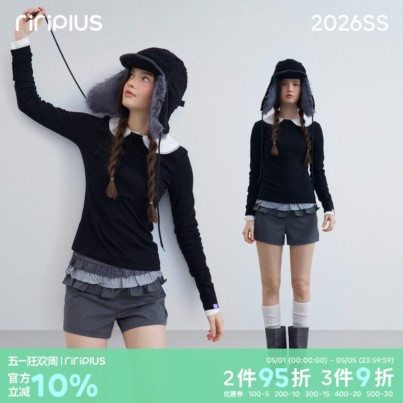 riverstone plus 基础圆领纯色长袖T恤女修身显瘦正肩慵懒打底衫