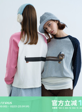 riverstone plus 圆领腊肠狗狗印花拼接长袖T恤女波点插肩打底衫