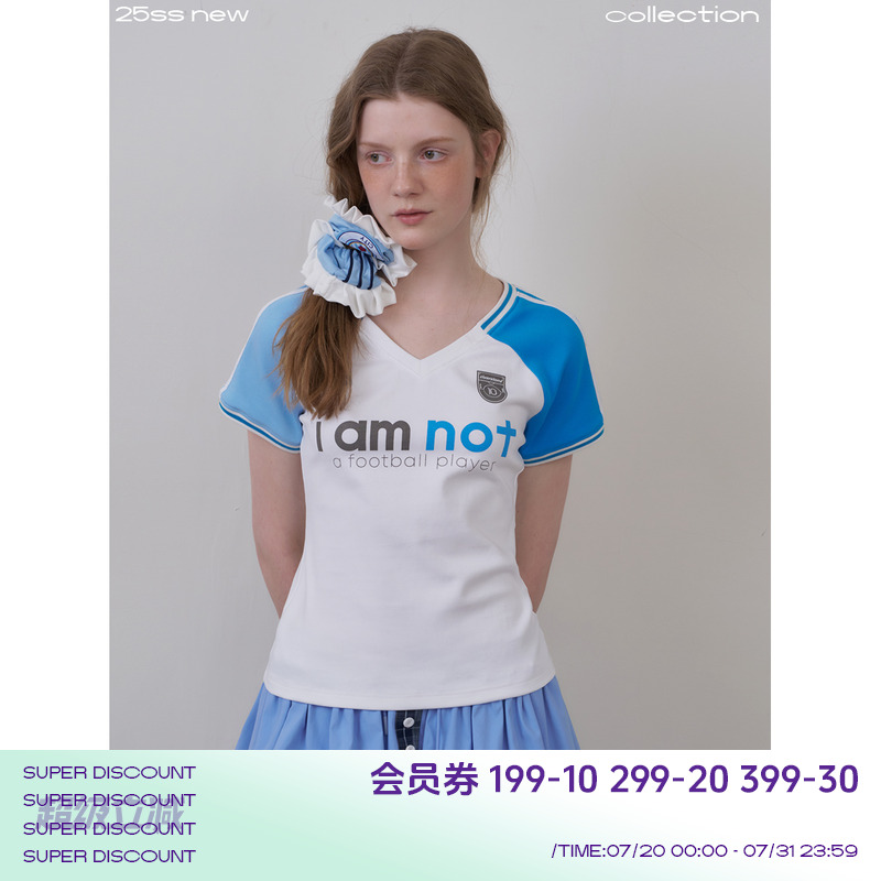 修身显瘦V领T恤女撞色休闲短袖T