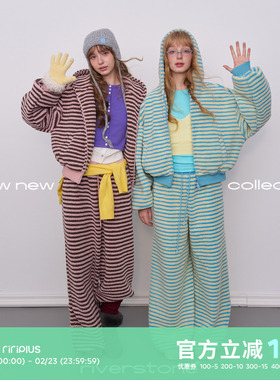 riverstone plus 条纹羊羔绒棉服外套女摇粒绒连帽上衣加厚套装