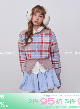 riverstone plus 复古格纹毛衣女冬季短款圆领收腰针织开衫上衣