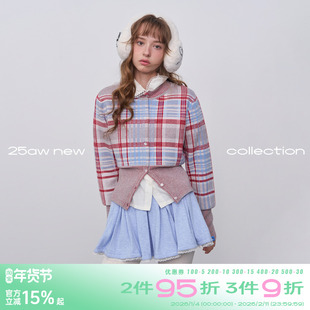 riverstone plus 复古格纹毛衣女冬季短款圆领收腰针织开衫上衣