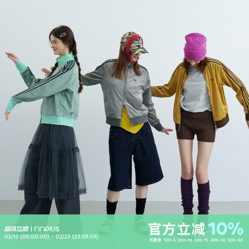 riverstone plus 美式复古波点立领拉链卫衣外套女春季修身上衣