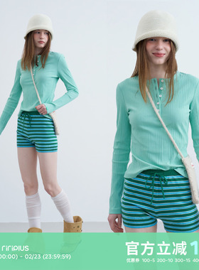 riverstone plus 简约亨利领修身长袖T恤女慵懒竖条纹纽扣打底袖