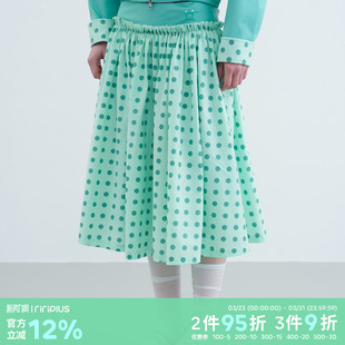 riverstone 假两件花边褶皱波点蓬蓬中长裙女甜美半身A字裙 plus