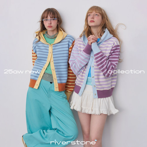 riverstone plus 多巴胺条纹拼色针织连帽外套女冬季螺纹收腰毛衣