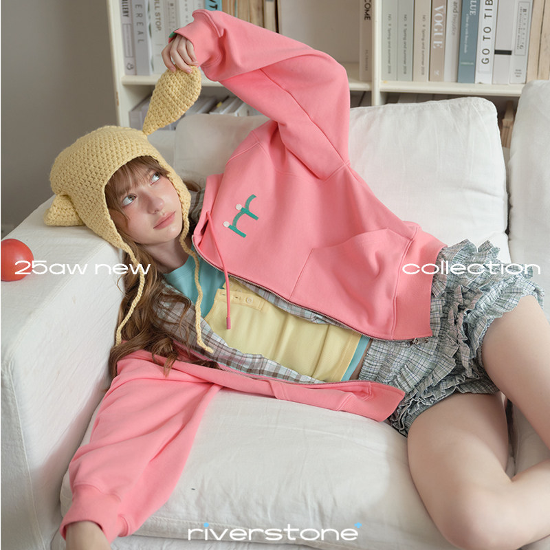 riverstone plus 格子拼接开衫连帽卫衣女春季宽松慵懒针织衫外套