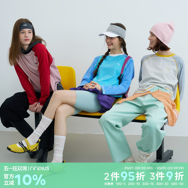 riverstone plus 撞色条纹拼接基础长袖T恤女套头插肩打底衫上衣