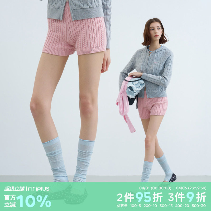 riverstone plus 美式复古毛线针织短裤女麻花纹显瘦打底休闲裤