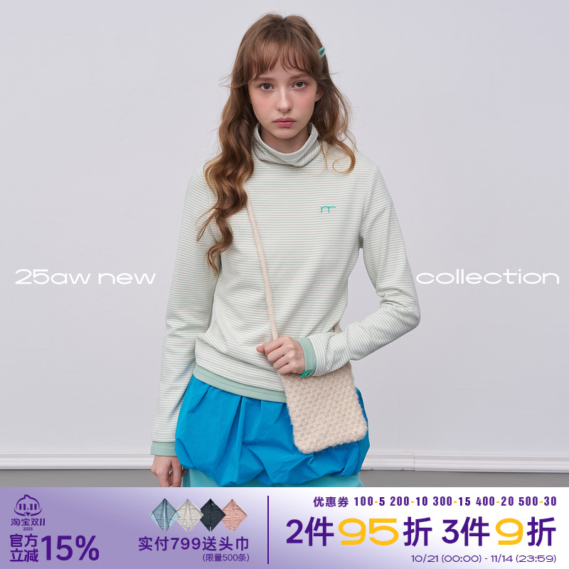 riverstone plus毛茸茸高领条纹长袖T恤女冬季百搭加厚打底衫上衣