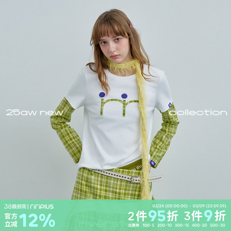 riverstone plus 假两件修身格纹刺绣拼接长袖t恤女春季正肩上衣