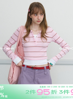 riverstone plus 假两件条纹百搭长袖T恤秋季修身正肩V显瘦上衣女