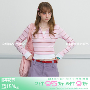 riverstone plus 假两件条纹百搭长袖T恤春季修身正肩V显瘦上衣女