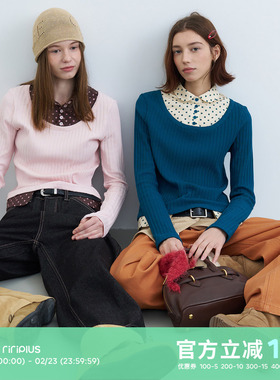 riverstone plus波点撞色假两件衬衫领长袖T恤女修身显瘦条纹上衣