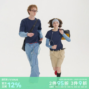 plus 修身 T恤男女同款 撞色上衣 rsm圆领假两件拼接条纹长袖 riri