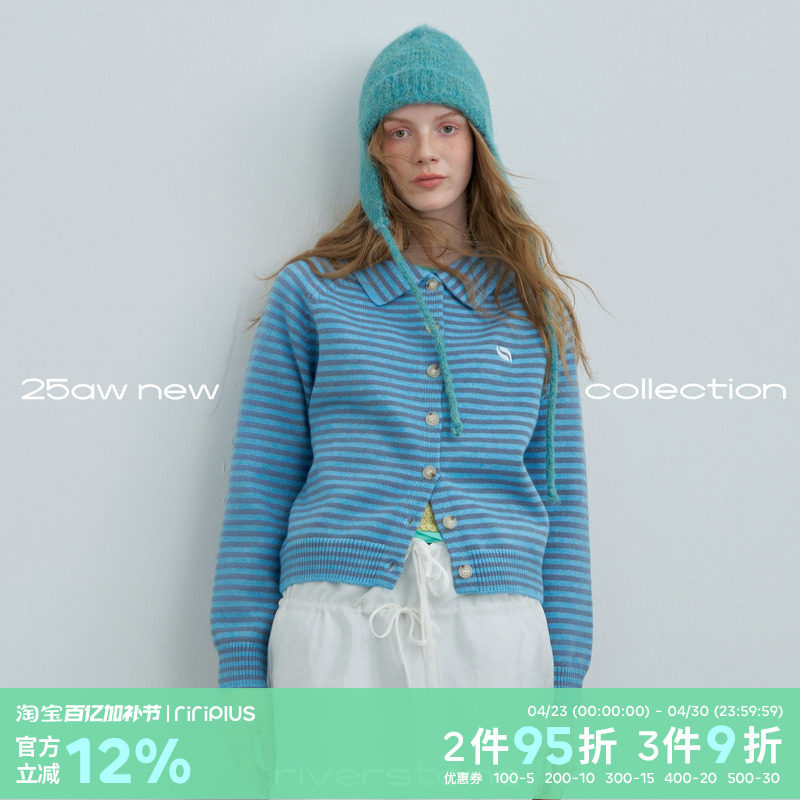 riverstone plus 小翻领条纹开衫毛衣春季中古感修身针织上衣外搭
