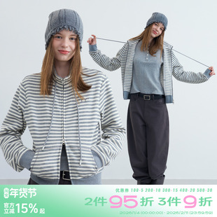 riverstone plus 音符立领抽绳卫衣女春季条纹双拉链侧兜修身外套