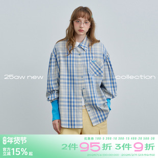 riverstone plus 格纹贴布翻领衬衫上衣女春季宽松慵懒风衬衣外套