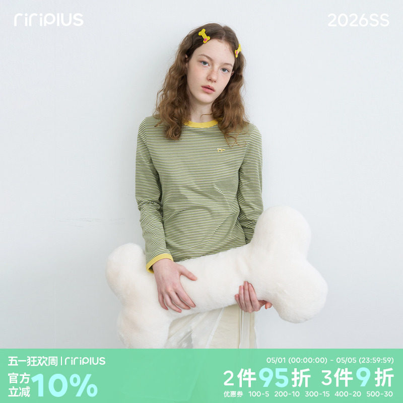 riverstone plus 基础圆领正肩条纹撞色长袖T恤女修身百搭打底衫