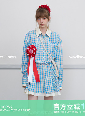 riverstone plus 韩系蓝色格纹连衣裙春季甜美减龄少女通勤长裙