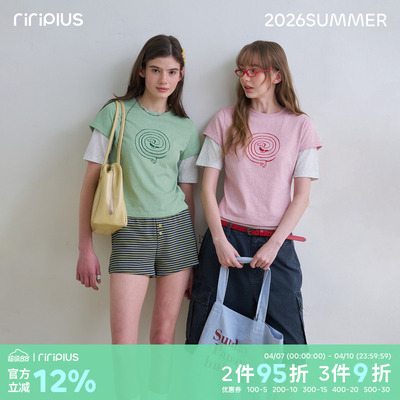 riverstone plus 假两件线条腊肠狗短袖T恤女修身百搭纯色打底衫