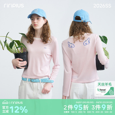 riverstone plus 天丝羊毛圆领翅膀印花长袖T恤女修身百搭打底衫