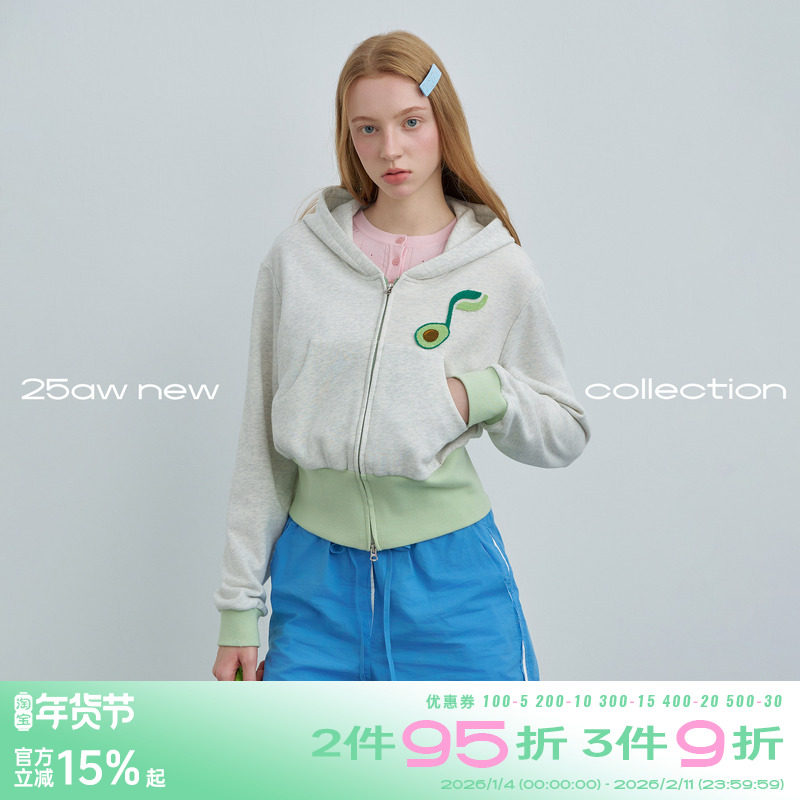 riverstone plus  短款刺绣牛油果音符连帽卫衣春撞色拼接外套女