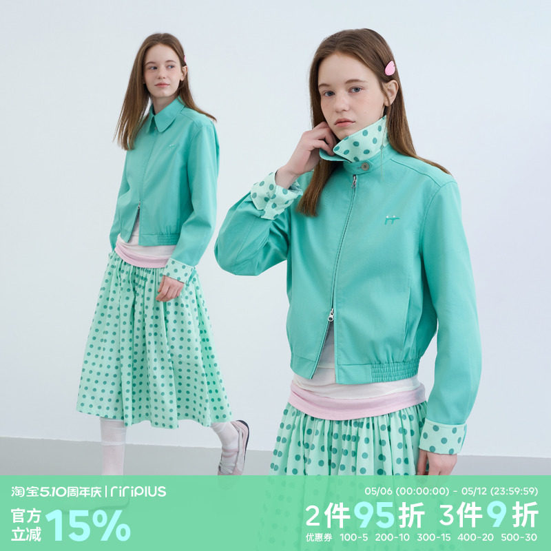 riverstone plus 多巴胺色系翻领波点夹克女时尚感拉链刺绣外套