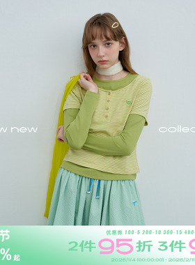 riverstone plus 条纹假两件拼接长袖T恤女秋季亨利领修身打底衫