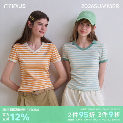 riverstone plus 条纹撞色V领衬衫领短袖T恤女百搭正肩修身打底衫