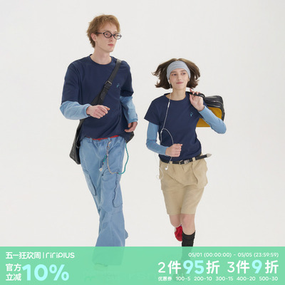 riri plus x rsm圆领假两件拼接条纹长袖T恤男女同款修身撞色上衣