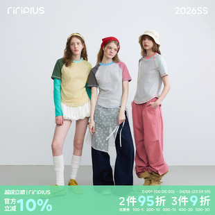 T恤女哈苏线修身 riverstone plus 条纹撞色插肩短袖 百搭打底衫