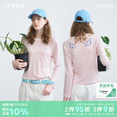 riverstone plus 天丝羊毛圆领翅膀印花长袖T恤女修身百搭打底衫