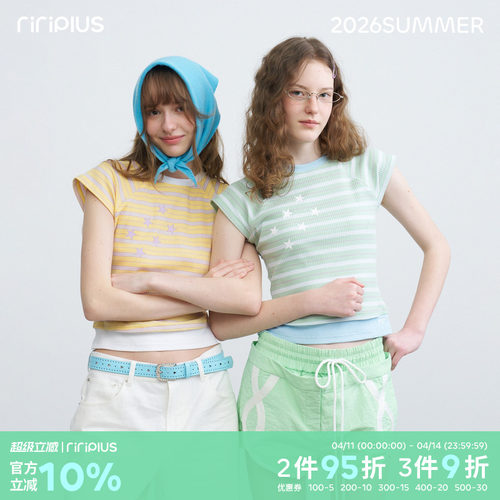 riverstone plus 横条纹星星印花飞飞袖短袖T恤女设计感撞色上衣