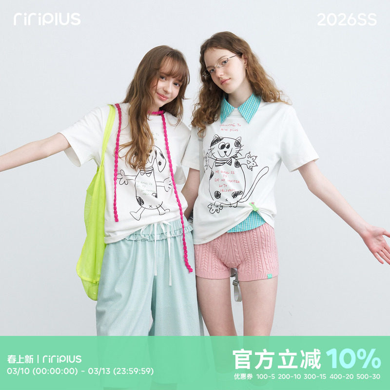 riverstone plus 涂鸦斑点狗猫插画印花短袖T恤女圆领百搭打底衫