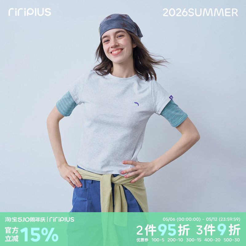 riverstone plus 圆领假两件上衣女夏季修身显瘦拼接正肩短袖T恤