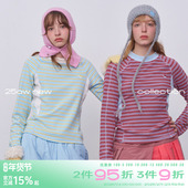 plus 条纹撞色正肩长袖 T恤女冬季 riverstone 保暖加厚打底衫 上衣