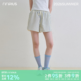 女条纹度假风五分裤 riverstone 清新松紧休闲运动短裤 夏季 plus