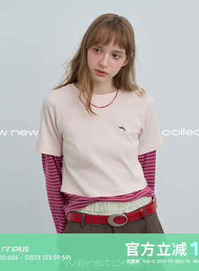 riverstone plus 假两件条纹拼接撞色长袖T恤女春季修身显瘦上衣