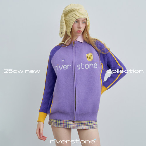 riverstone plus  立领提花拉链毛衣外套女秋季撞色螺纹明线上衣