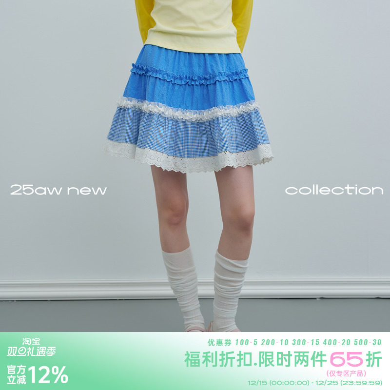 riverstone plus 蕾丝木耳边格纹半身裙秋季新款A字花边蛋糕短裙