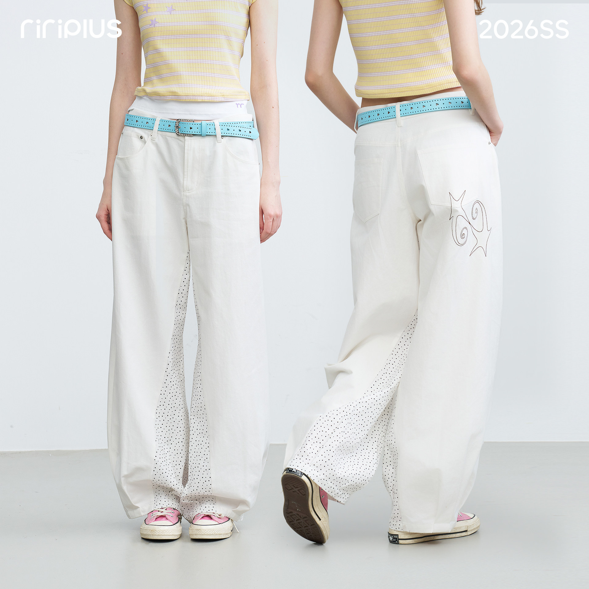 riverstone plus 星星刺绣不规则拼接简约工装裤女波点设计休闲裤