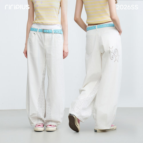 riverstone plus 星星刺绣不规则拼接简约工装裤女波点设计休闲裤