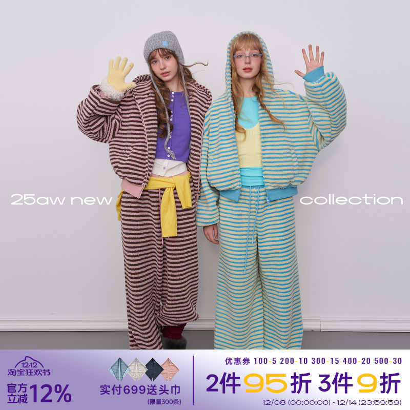 riverstone plus 条纹羊羔绒棉服外套女摇粒绒连帽上衣加厚套装